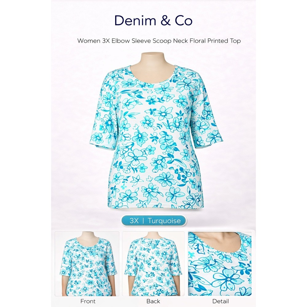 Denim & Co Womens 3X Elbow Sleeve Scoop Neck Floral Printed Top Turquoise A23262